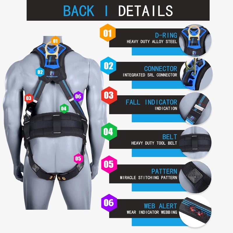 FHFallArrest Safety Harness Fall Protection Kit,5pt Full-Body Roofing harness with Support Waist Pad,Vented & Padded Shoulder For Construction(XL/2XL) - Image 2